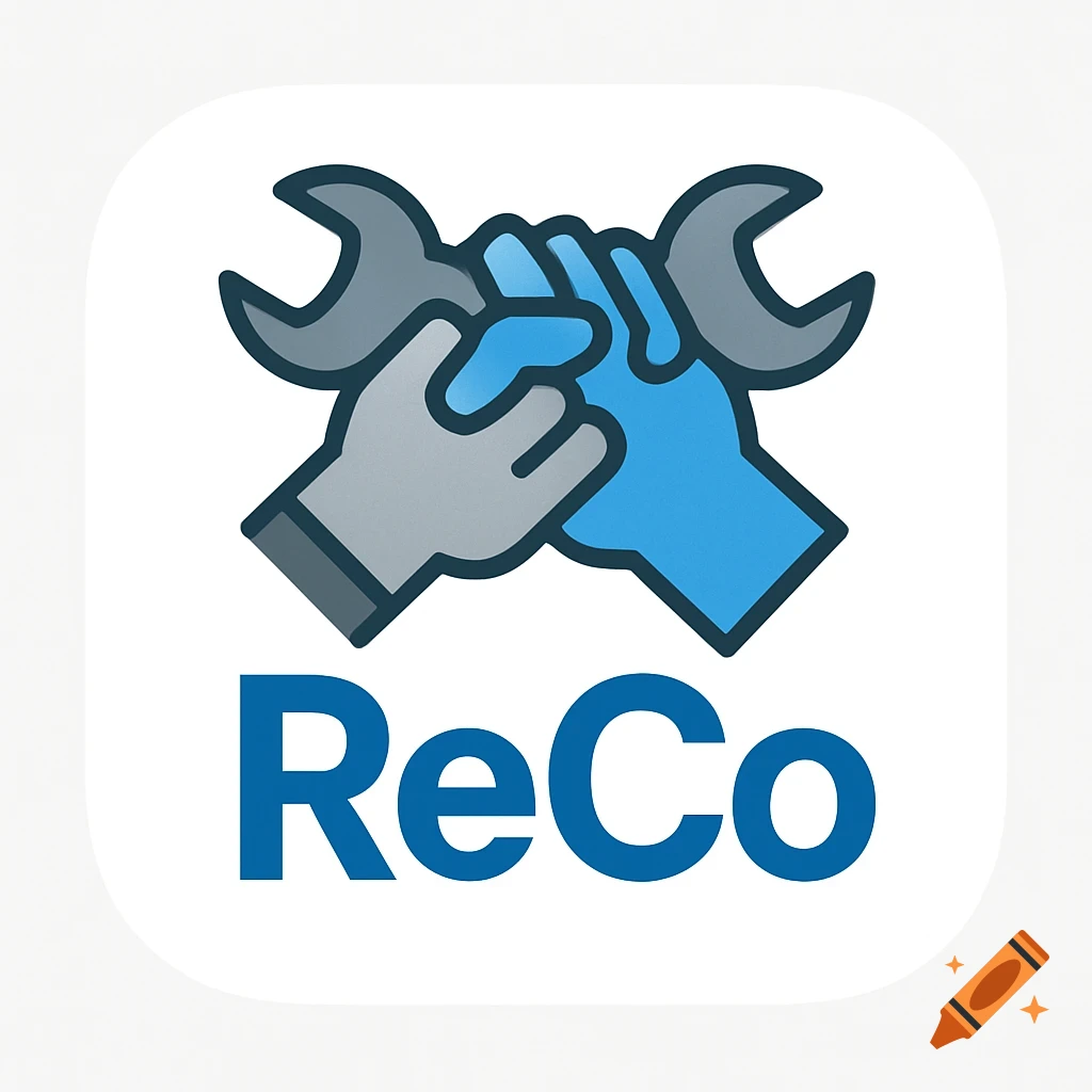 An app icon featuring two cartoon hands, one gray and one blue, holding wrenches, with the text 'ReCo' in blue below.