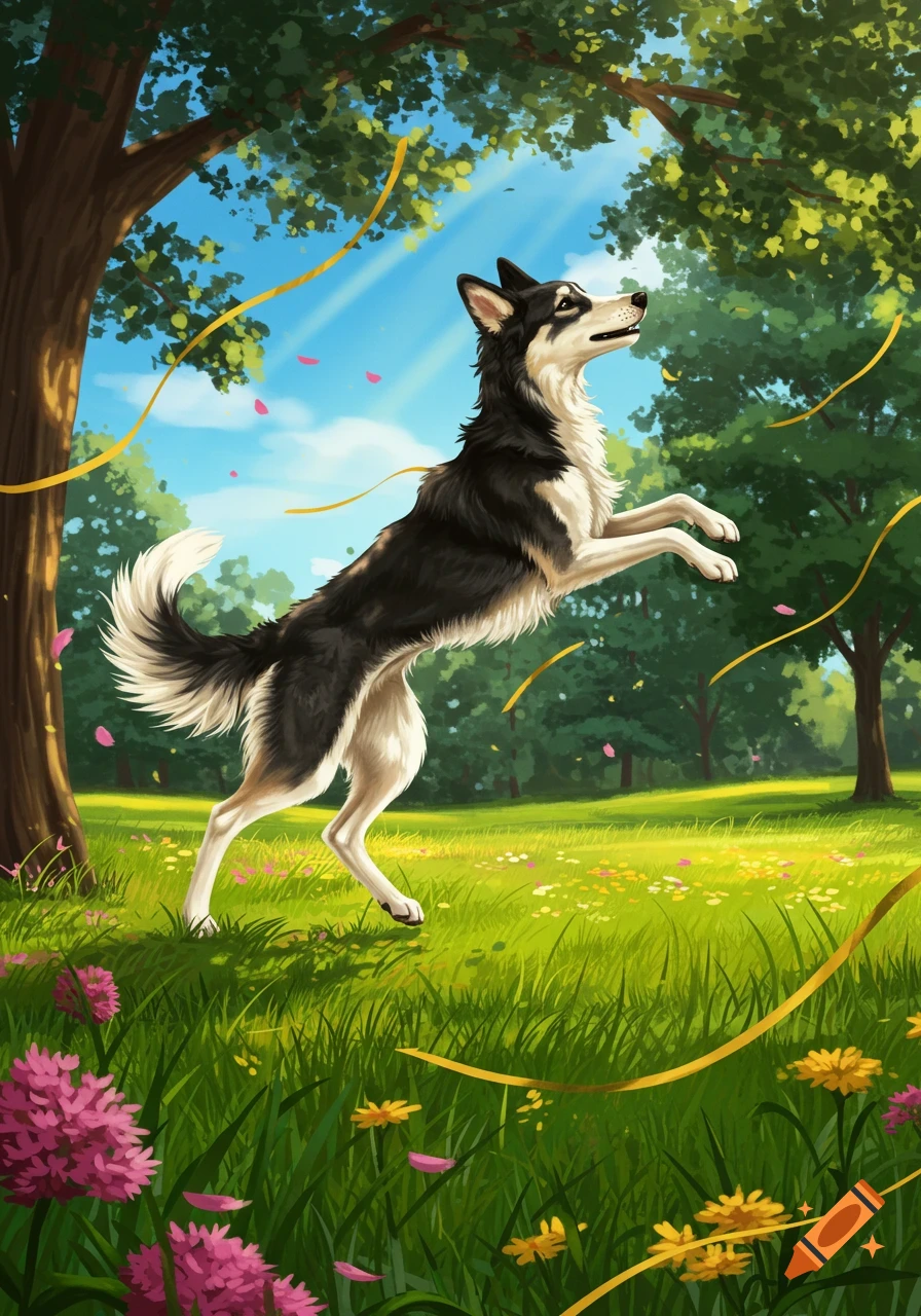 A happy black and white dog jumps playfully in a sunny park, surrounded by green grass, trees, and colorful flowers, with golden ribbons floating in the air. Digital art.