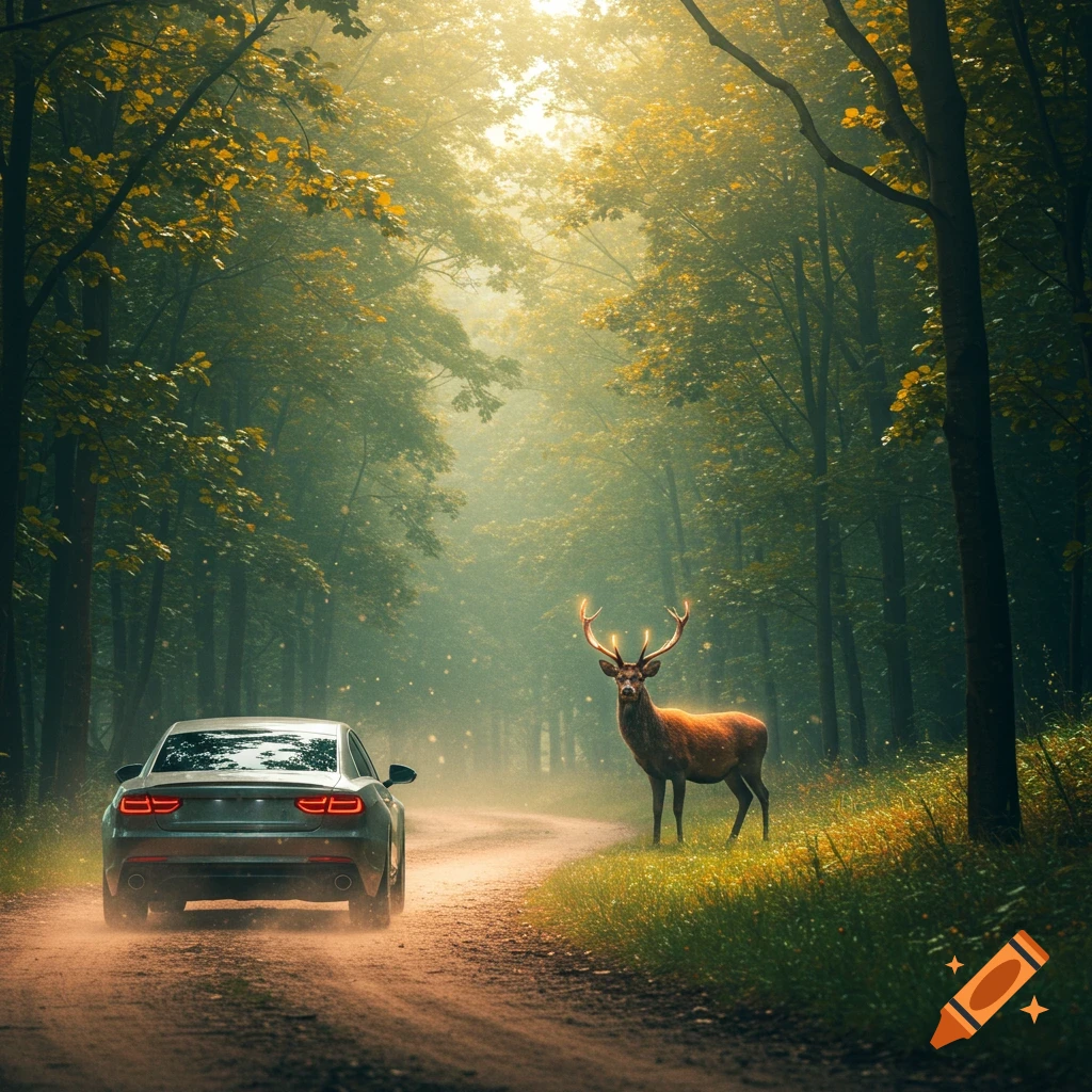 A grey car drives on a dirt road through a misty forest, past a deer with glowing antlers.