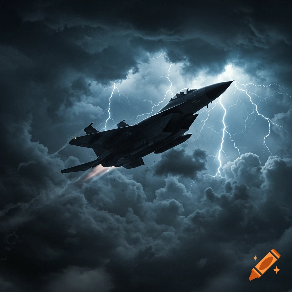A dark fighter jet flies through a stormy sky filled with ominous clouds and bright lightning bolts.