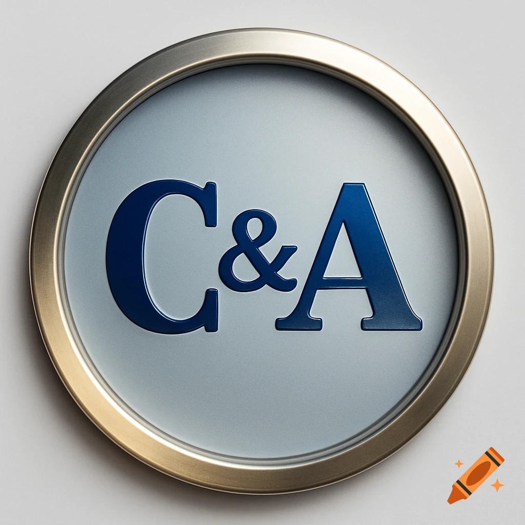 A metallic-framed circular emblem with the bold, blue letters "C&A" embossed on a light grey background.