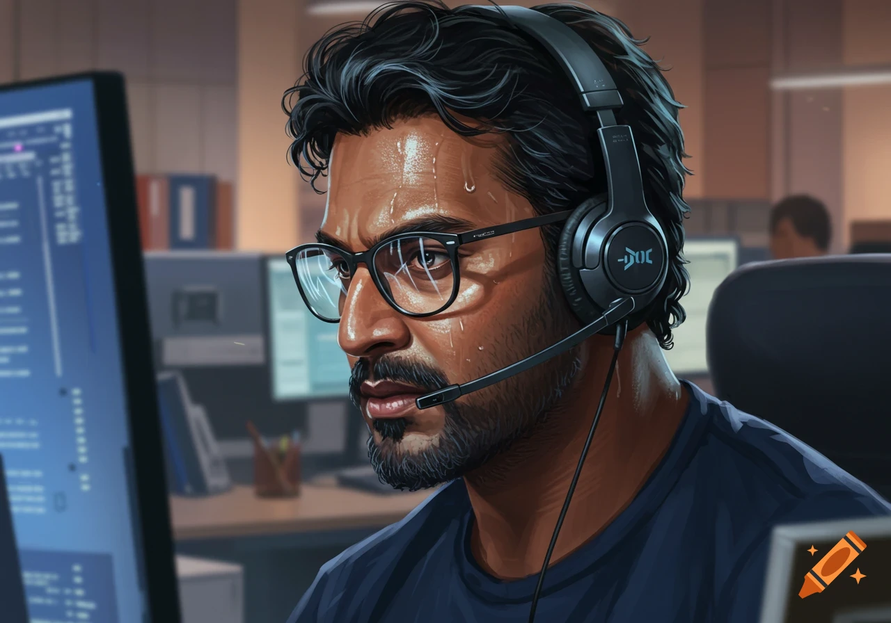 A stylized illustration of a sweaty Indian man wearing glasses and a customer support headset, looking intently at a computer screen in an office setting.