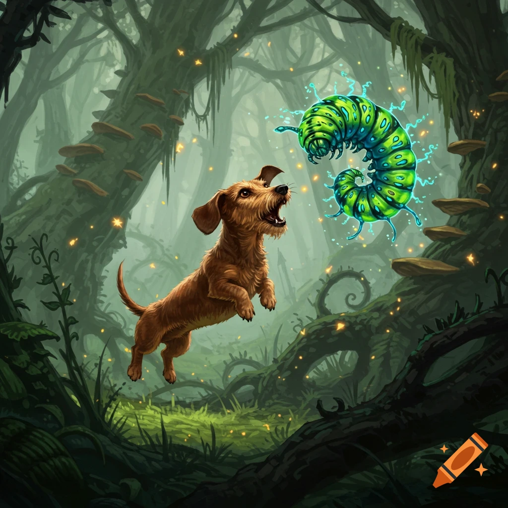 A brown dachshund dog jumps and barks at a large, glowing green caterpillar in a mystical, misty fantasy forest illustration.