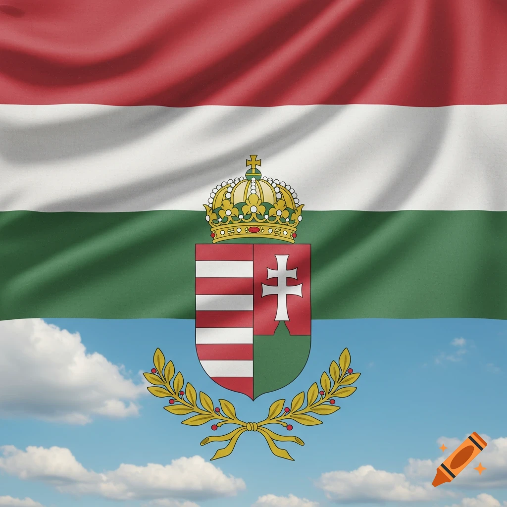 The Hungarian flag with its national coat of arms against a partly cloudy sky.