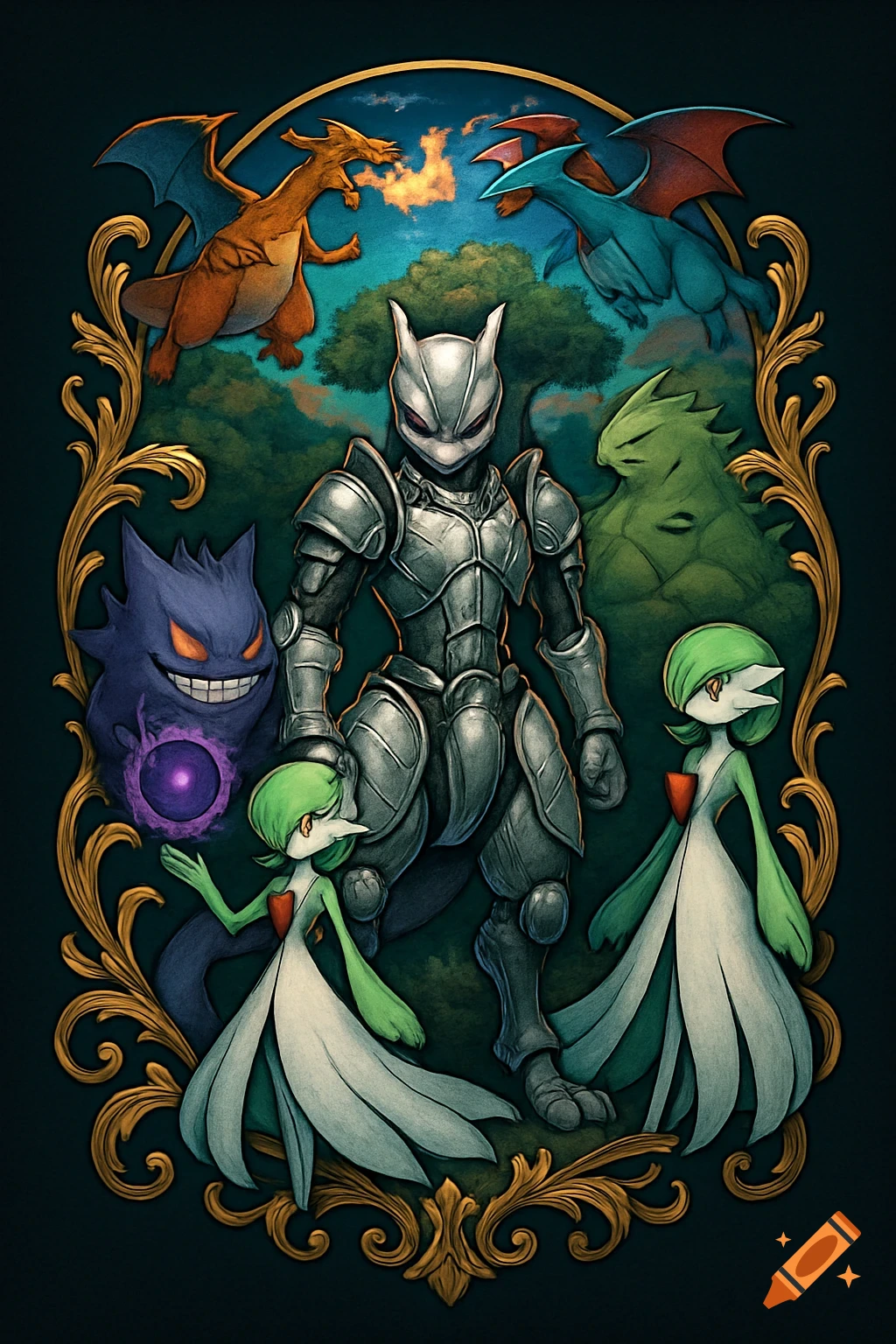 An ornate emblem features armored Mewtwo, flanked by Gardevoir and Gengar, with Charizard, Salamence, and Tyranitar in the background.