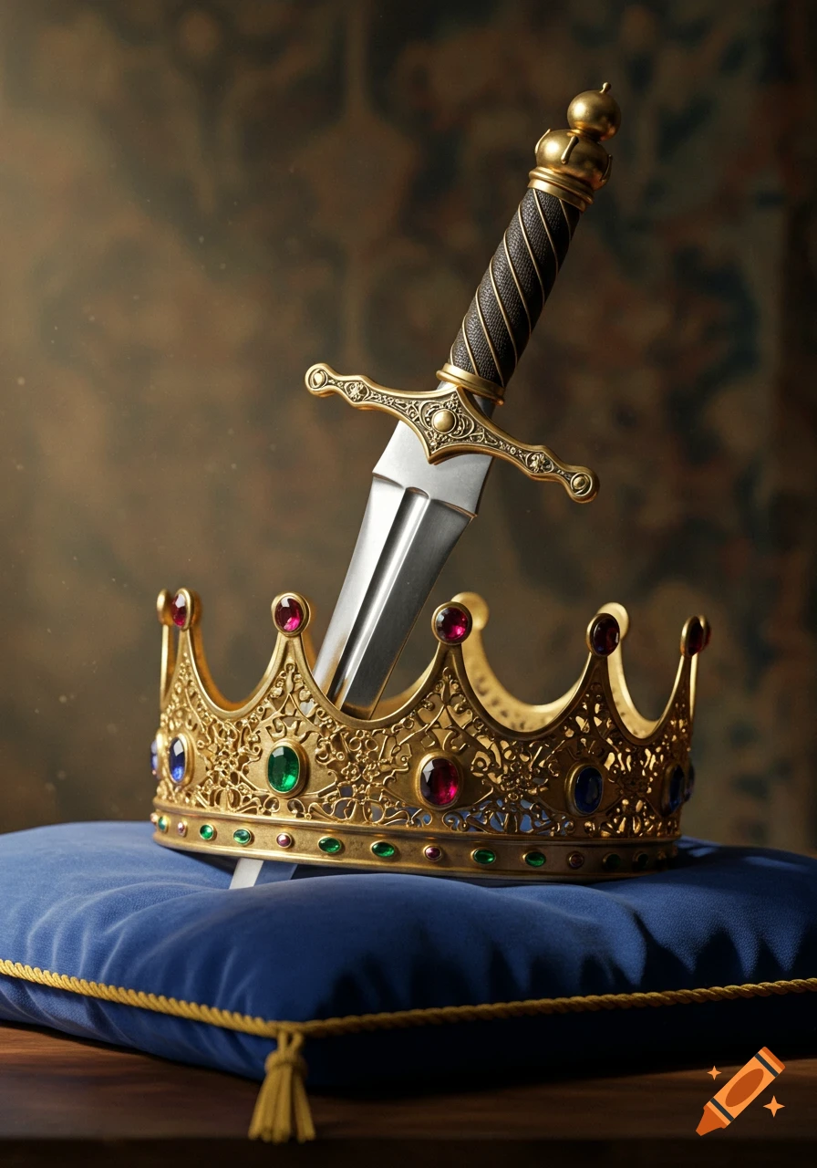 A photorealistic image of a golden crown adorned with jewels, impaled by a dagger, resting on a blue velvet cushion.
