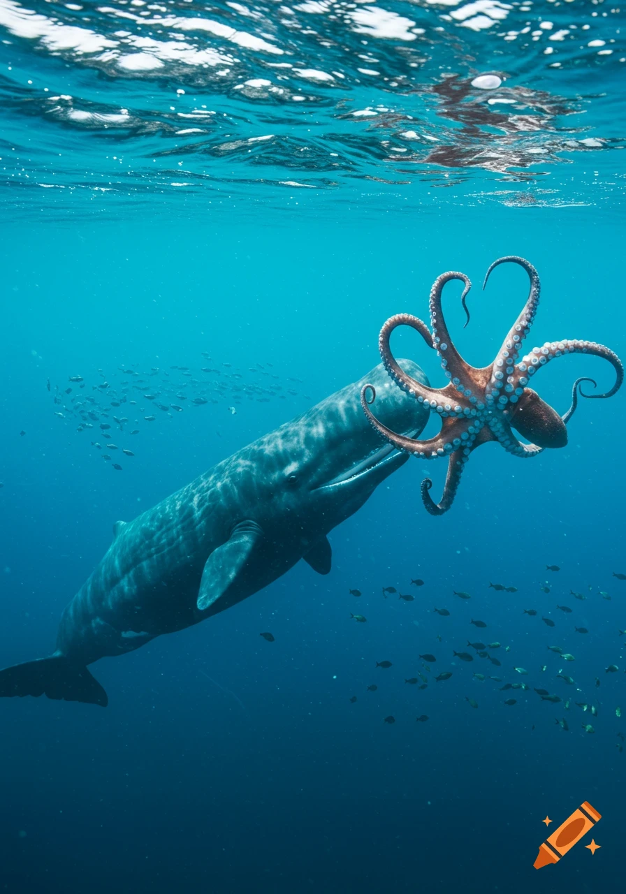 A large sperm whale swims towards a giant octopus in deep blue water, surrounded by schooling fish.