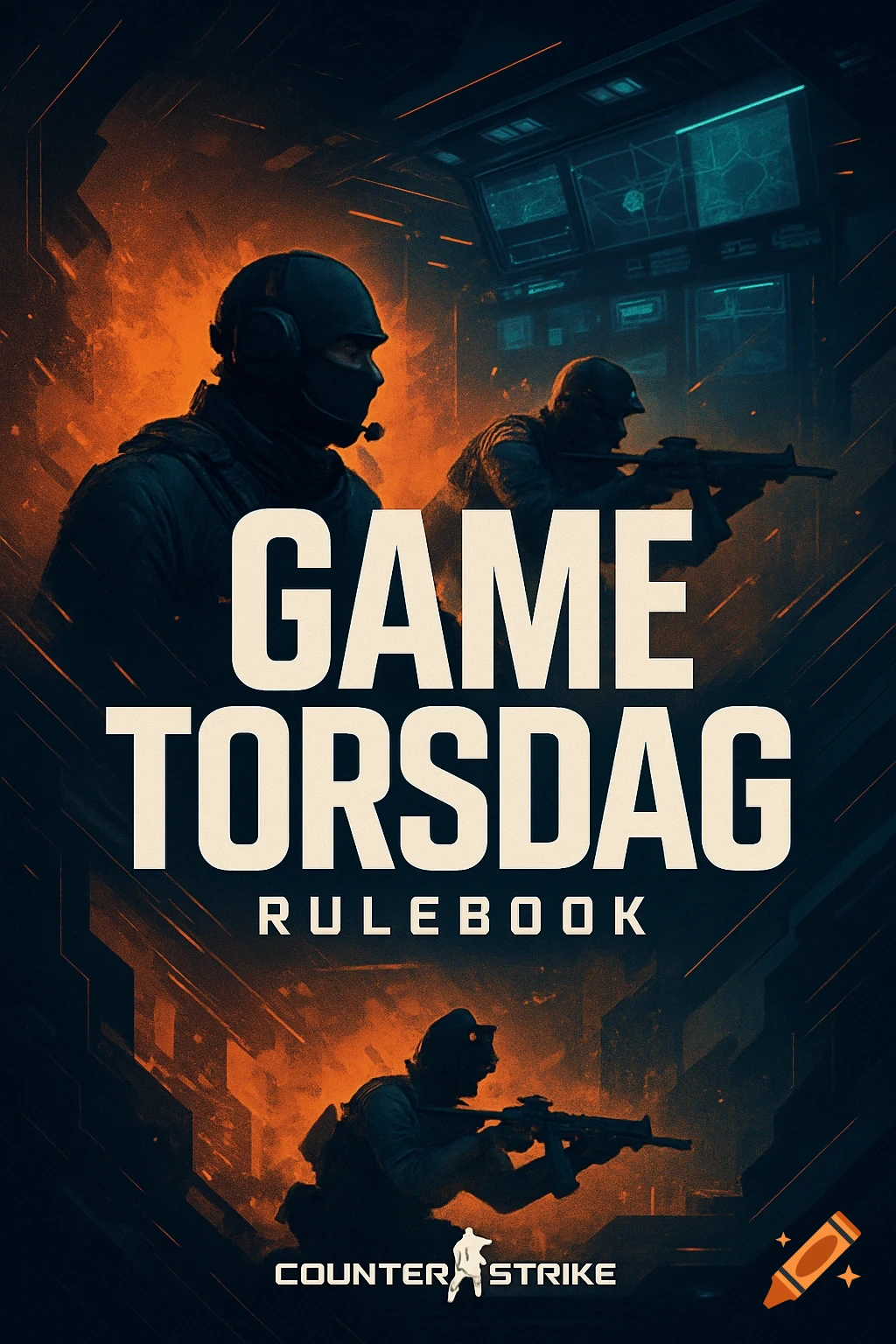 Rulebook cover for Counter-Strike featuring soldiers in tactical gear, guns, and a dark, fiery, futuristic setting.