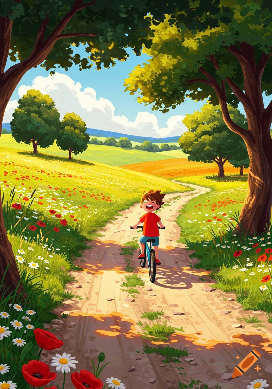 A joyful child on a bicycle on a dirt path through a vibrant, flower-filled countryside, illustrated.