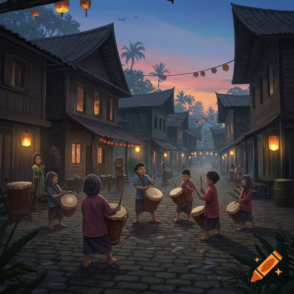 Children play drums on a cobblestone street in a traditional village at dusk, illuminated by lanterns and a colorful sky.