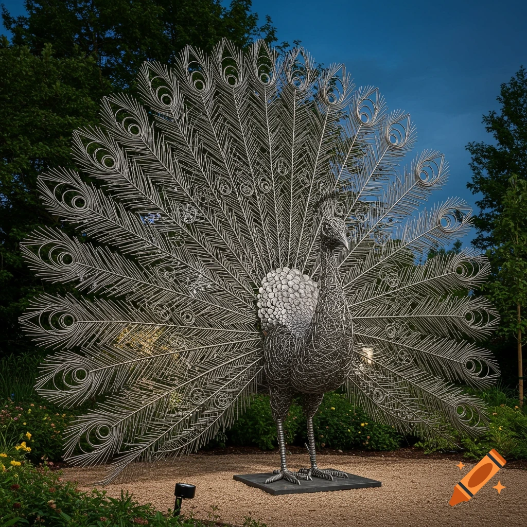 A large, intricate peacock sculpture made of interwoven metallic rods with its fanned tail proudly displayed stands in a lush garden.