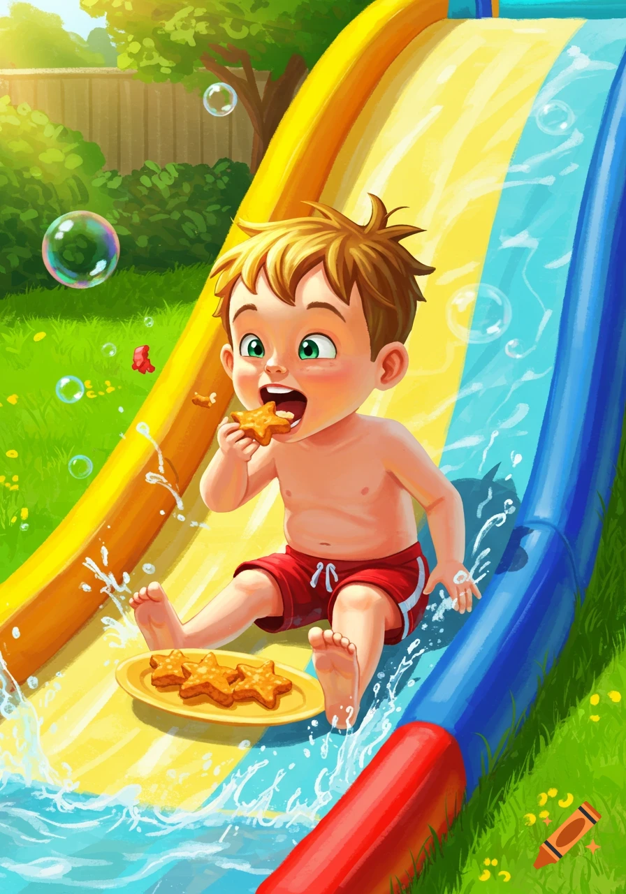 A young cartoon boy in red swim trunks slides down a colorful backyard water slide while happily eating star-shaped cookies.