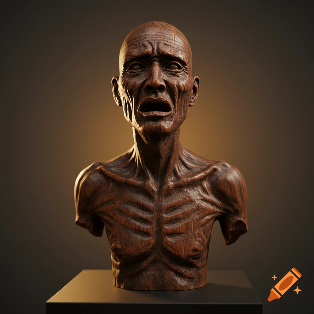 A detailed wooden bust of a bald, emaciated man with an open mouth and pained expression, on a dark pedestal.