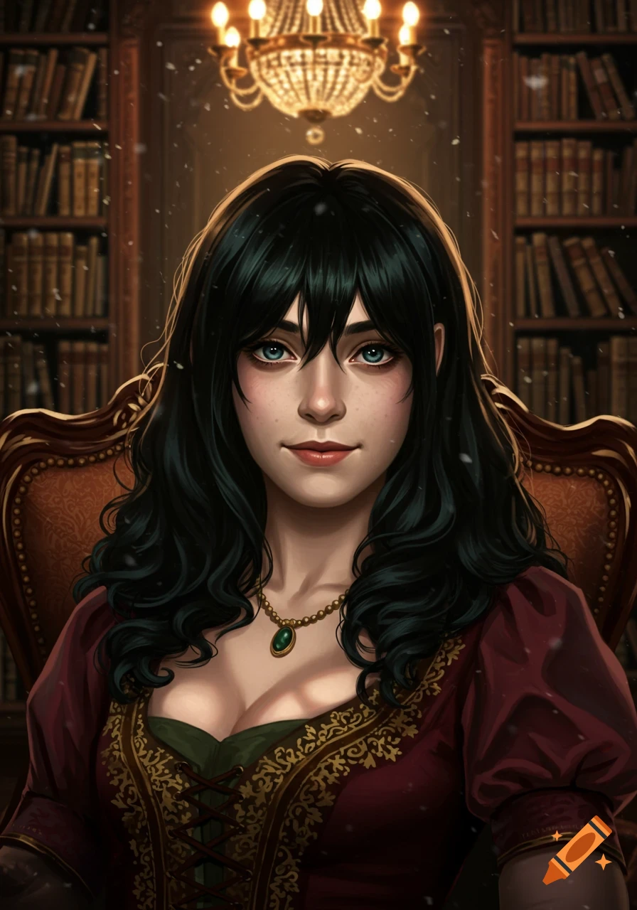 Digital portrait of a dark-haired woman in a red historical dress with a green pendant, seated in a grand library.