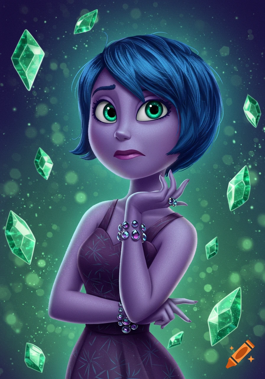 A cartoon character with purple skin, short blue hair, and bright green eyes, wearing a purple dress and crystal jewelry, floats among glowing green crystals.