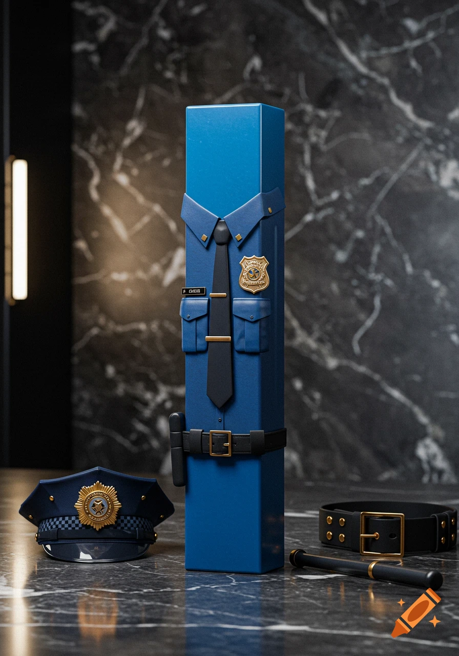 A tall blue rectangular object wears a realistic police uniform, complete with a tie, badge, and belt, standing on a dark marble surface next to a police cap and baton.