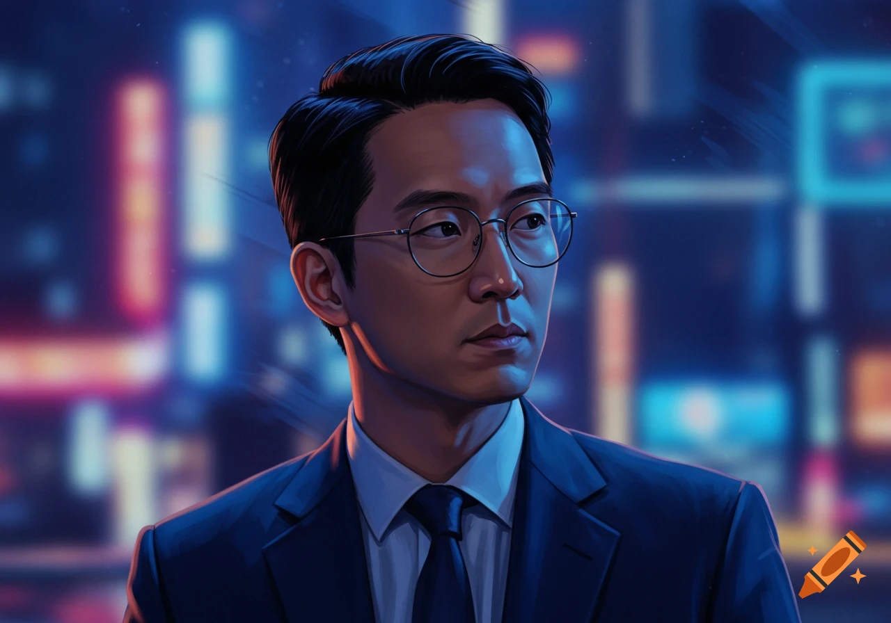Digital art portrait of an Asian man in a suit and glasses, looking serious against a blurred neon city background.