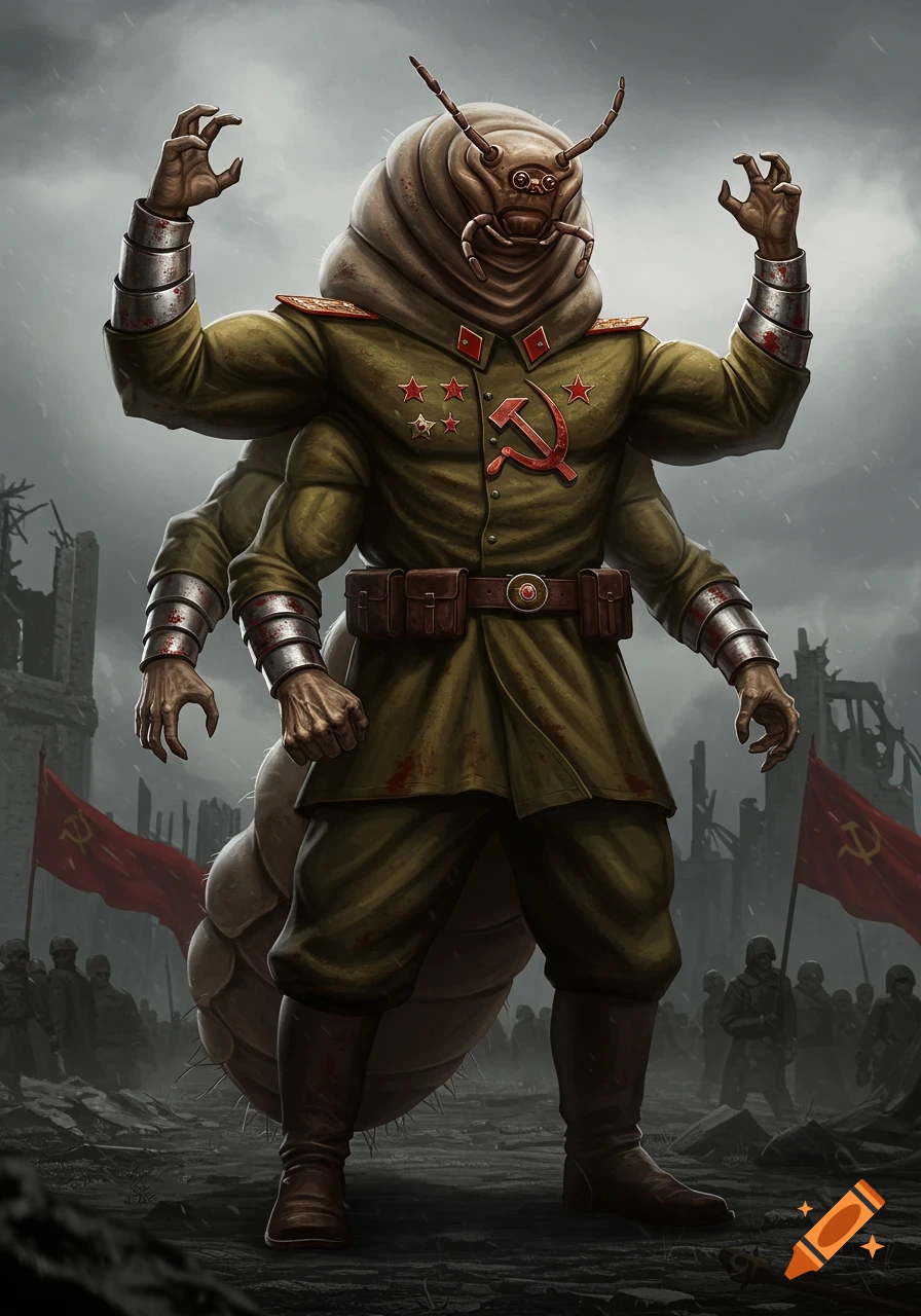 A muscular, six-armed anthropomorphic insectoid creature in a Soviet uniform stands amidst war-torn ruins, with Soviet flags in the background, in a dark, atmospheric style.