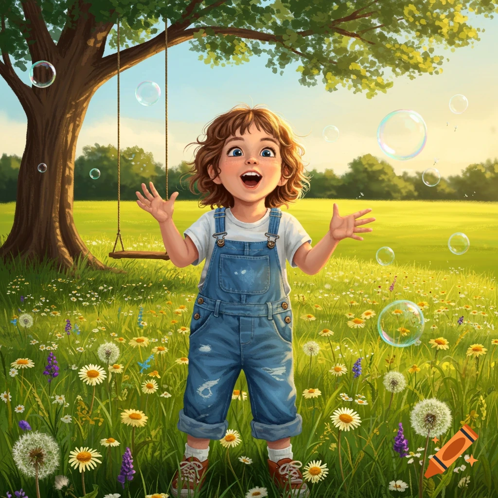 A joyful young child with curly hair and blue overalls plays with bubbles in a sunny wildflower field next to a tree with a swing.