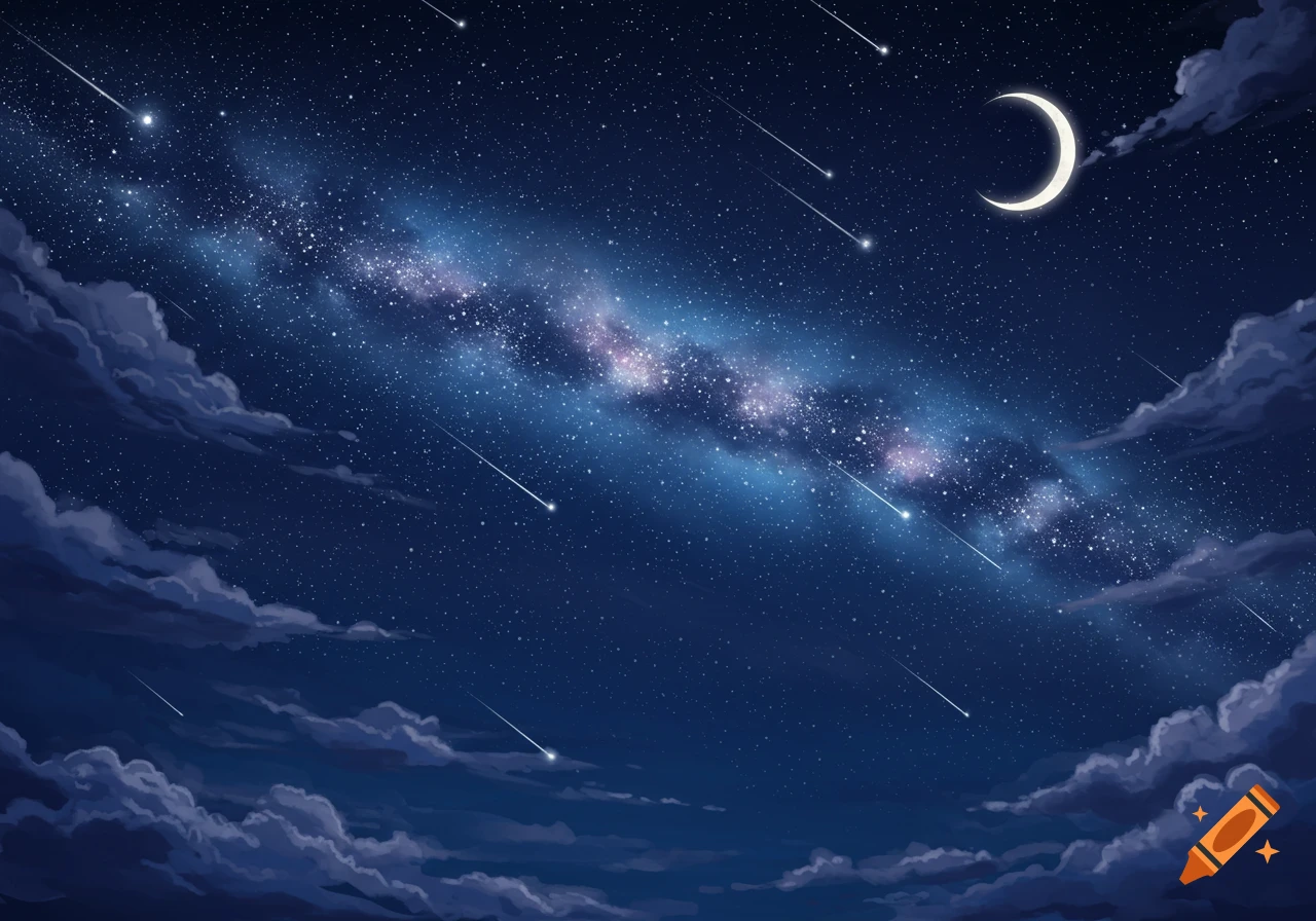 A dark blue night sky filled with countless stars, a bright crescent moon, and a glowing nebula, with dark clouds framing the bottom.