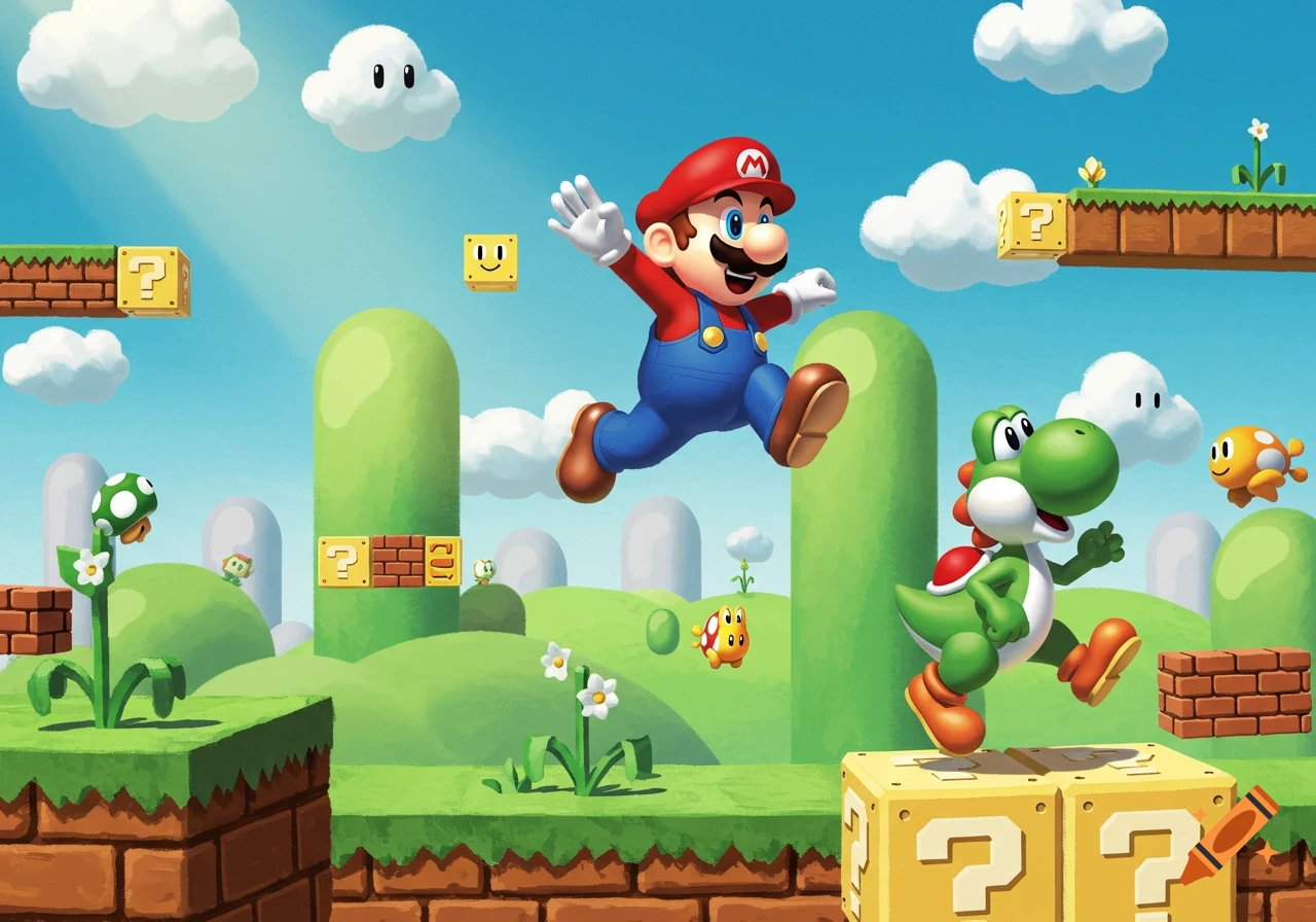 Mario jumps while Yoshi runs in a vibrant cartoon Super Mario Bros. level with question blocks and pipes.