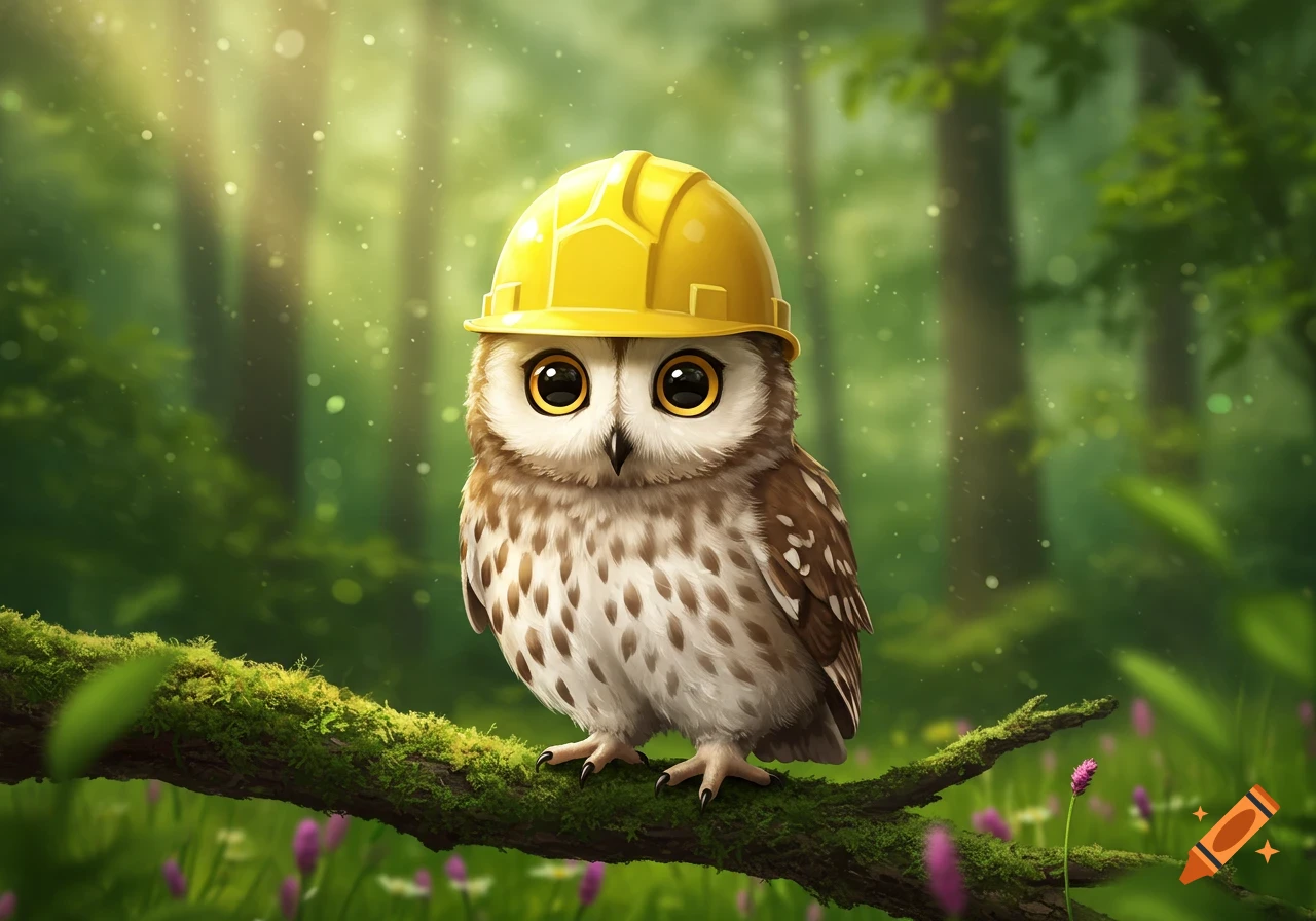 A cute, fluffy brown and white owl wearing a yellow hard hat, perched on a mossy branch in a sunlit forest.