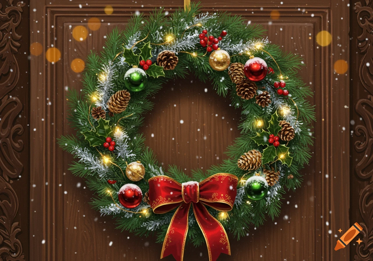 A festive Christmas wreath with pinecones, holly, red berries, ornaments, and a red bow on a snowy wooden door.