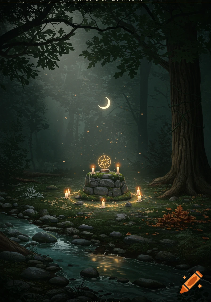 Mystical forest scene at night with a glowing pentagram on a stone altar, candles, and a river under a crescent moon, in a dark fantasy style.