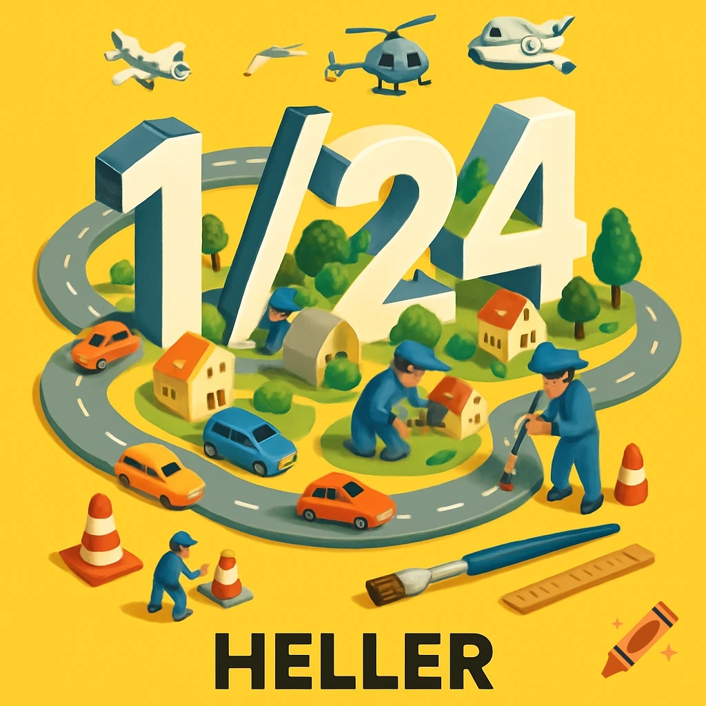 Bright isometric 3D illustration of a miniature model scene with "1/24" numbers, tiny workers, vehicles, buildings, and a "HELLER" logo.