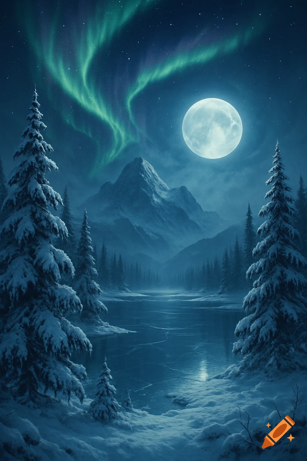 A serene winter night landscape with a full moon, green aurora borealis, snow-covered pine trees, and a frozen lake.