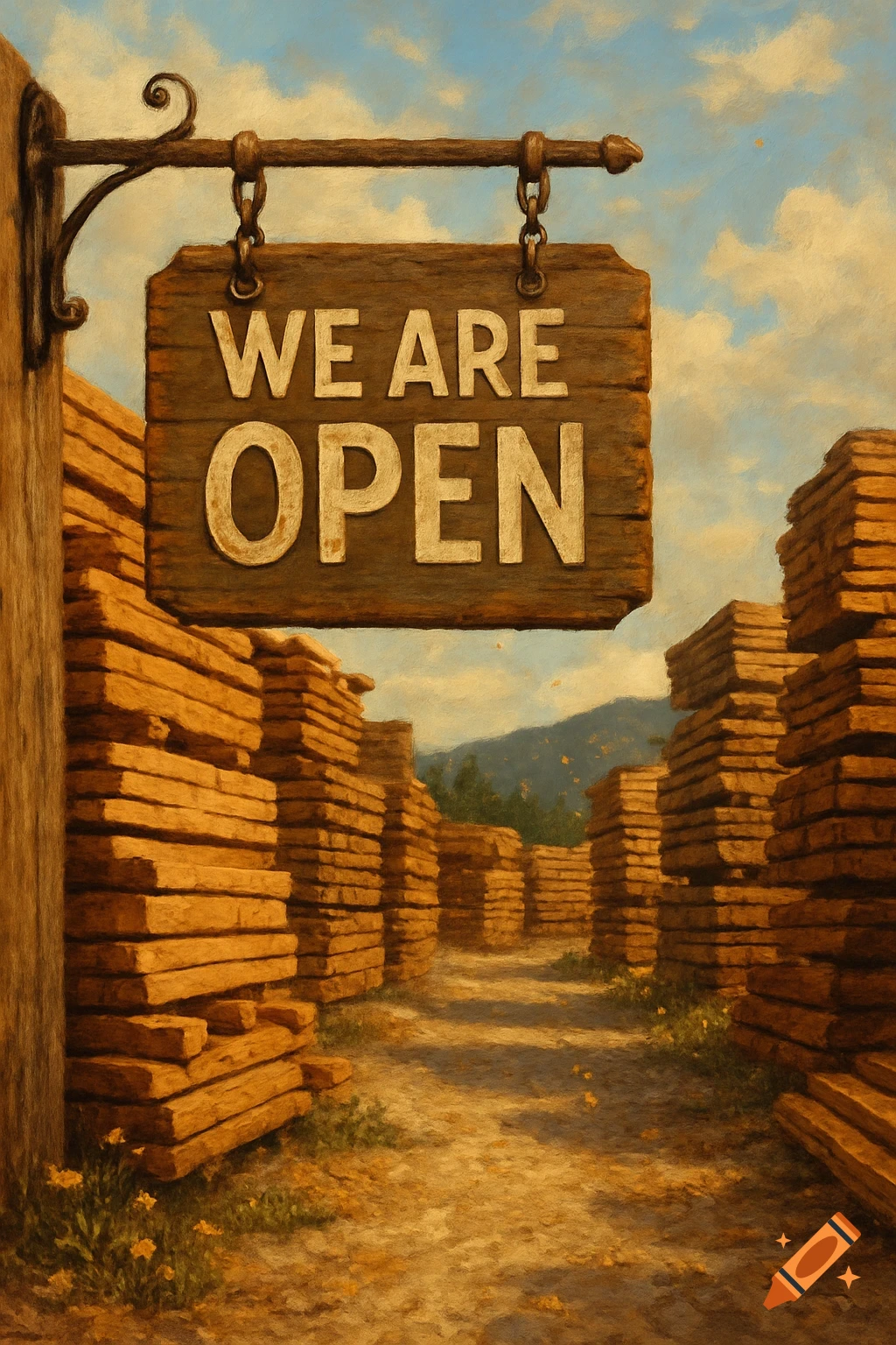 A rustic wooden "WE ARE OPEN" sign hangs over a dirt path flanked by tall stacks of lumber under a cloudy sky, rendered in a painterly style.
