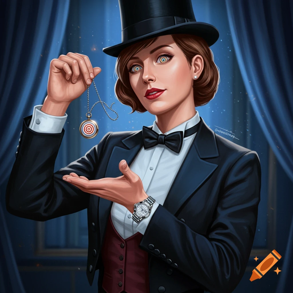 Illustration of a female hypnotist in a top hat and suit, holding a hypnotic pocket watch with spiral eyes.