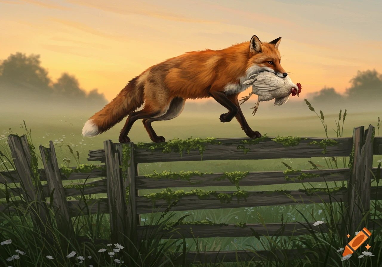 A red fox with a white chicken in its mouth walks across a mossy wooden fence at sunrise.