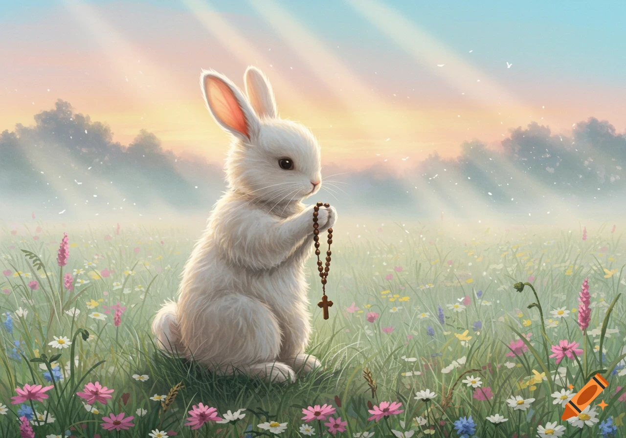 A fluffy white bunny sits in a field of wildflowers at sunrise, holding brown rosary beads with a cross.