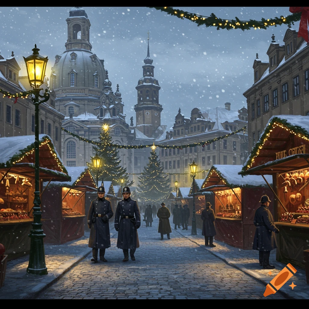 A snowy, atmospheric Christmas market in a historical city square with festive lights, market stalls, and policemen.