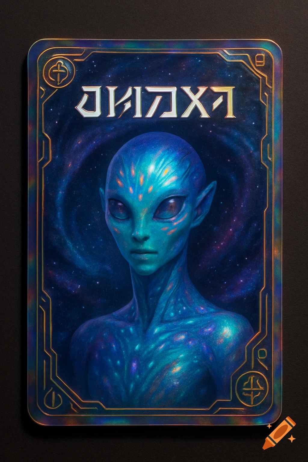 A blue-skinned alien with large eyes and pointed ears on an ID card with an intricate metallic frame and a galaxy background.