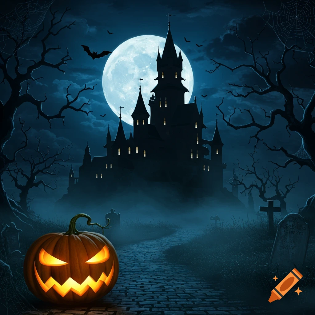 A spooky Halloween night scene with a glowing jack-o'-lantern on a cobblestone path leading to a haunted castle under a full moon.