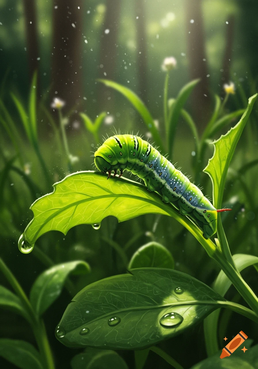 A vibrant green and blue caterpillar with white dots eats a bright green leaf with water droplets in a lush, sunlit forest.