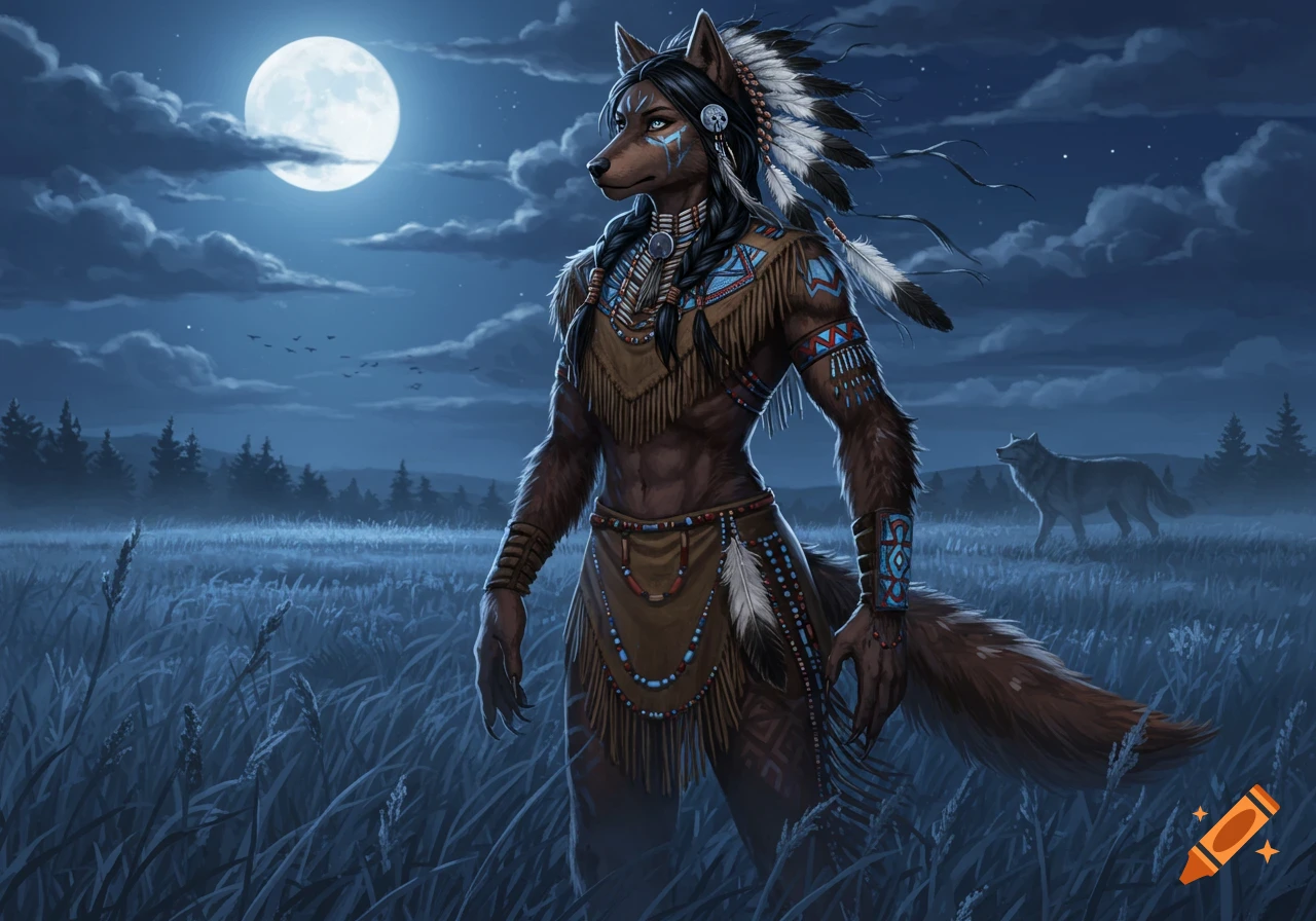A female werewolf with Native American attire stands in a moonlit field at night, a wolf in the background.