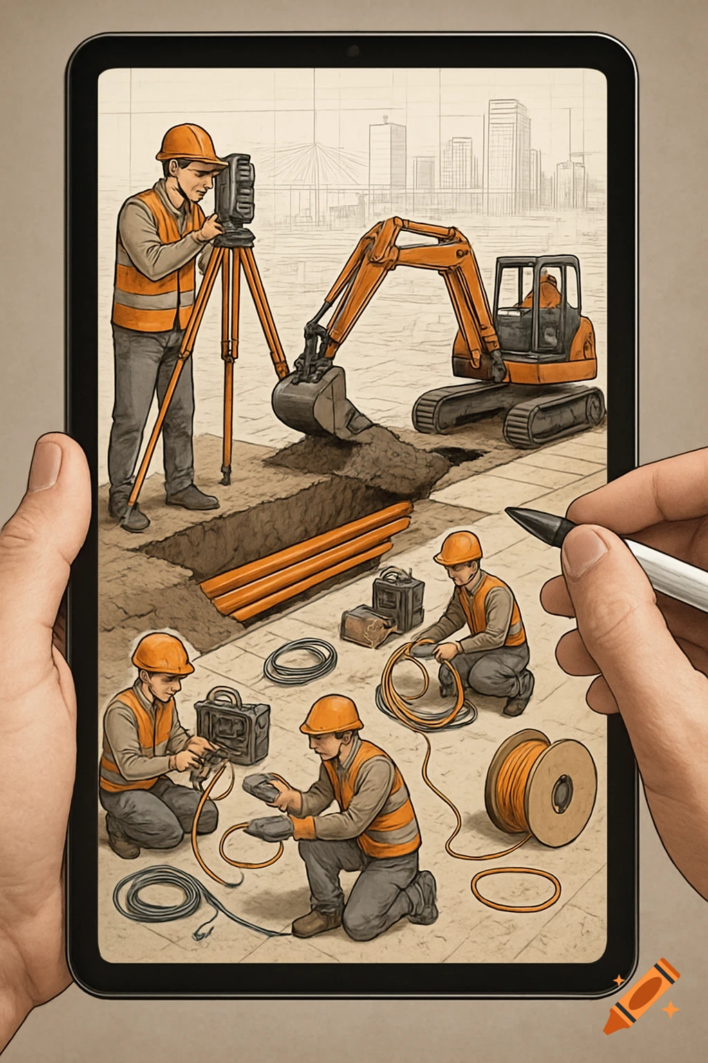 Hands holding a tablet displaying an illustration of a construction site with workers, an excavator, a trench, and fiber optic cables.