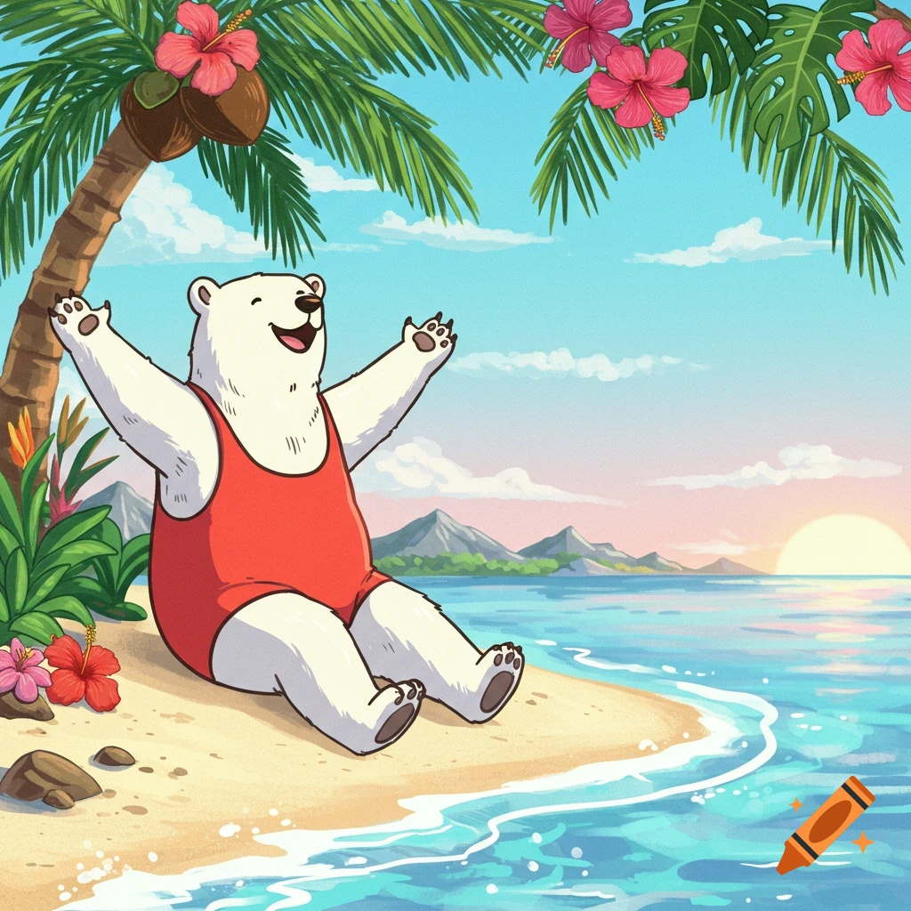 A happy cartoon polar bear in a red swimsuit sits on a tropical beach with arms raised under palm trees, overlooking the ocean at sunset.