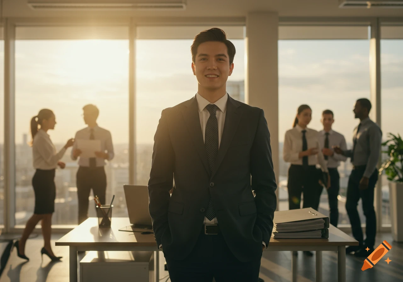 Smiling young man in a dark suit stands in a sunlit modern office, with blurred colleagues and city views in the background.