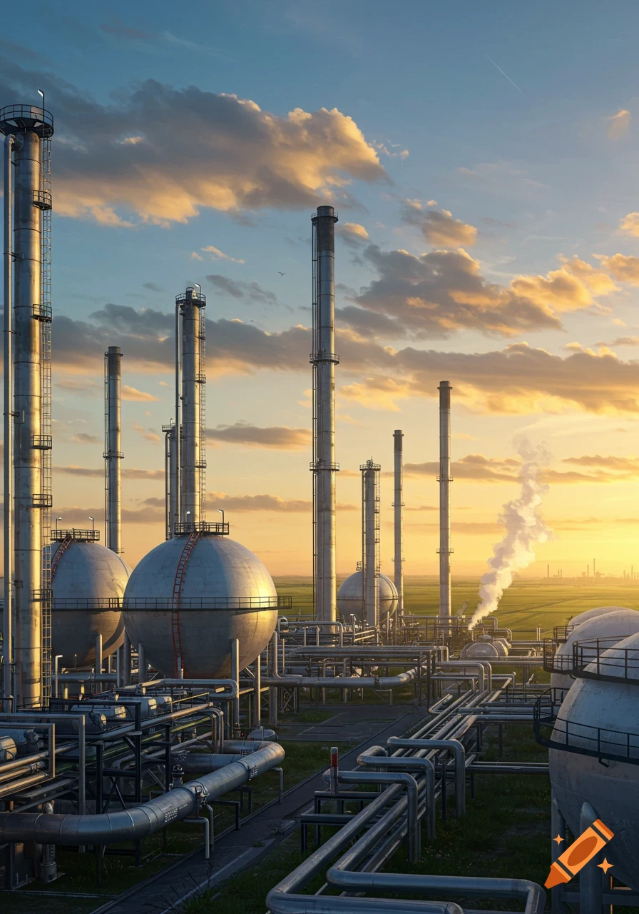 Photorealistic image of a petrochemical refinery with spherical tanks, tall stacks, and pipes under a sunset sky.