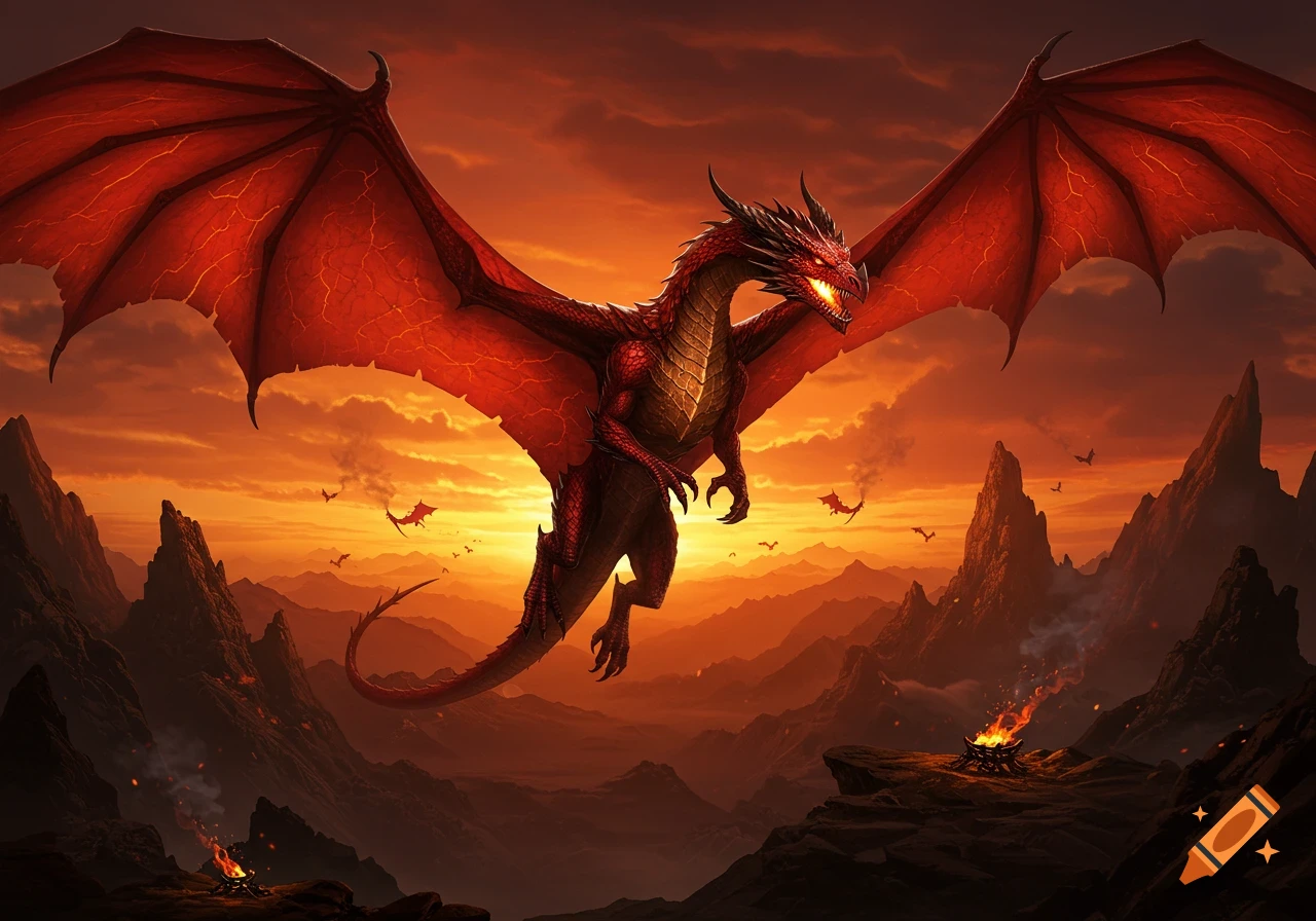 A majestic red dragon with large wings and glowing eyes flies over a volcanic mountain landscape under a fiery orange sunset.