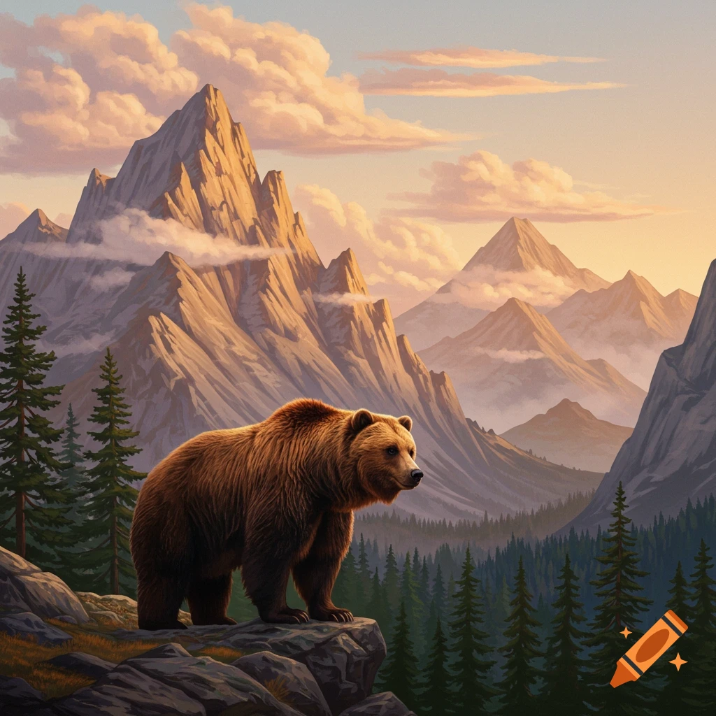 A brown bear stands on a rock in a stylized, painted mountain landscape with pine trees at sunset.