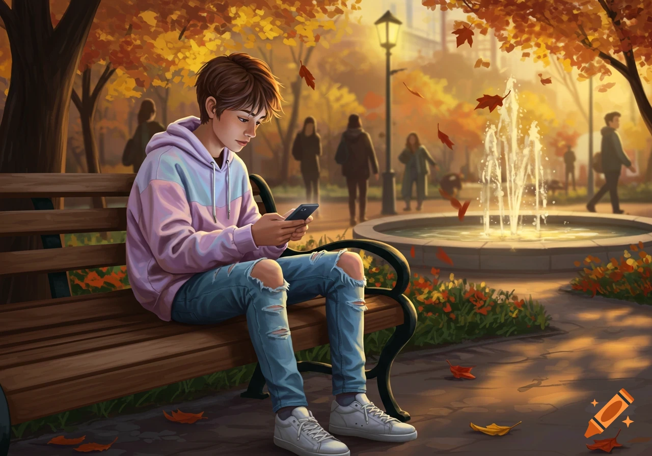 An anime-style teenager sits on a park bench, looking at a cell phone, with autumn leaves falling around a fountain.