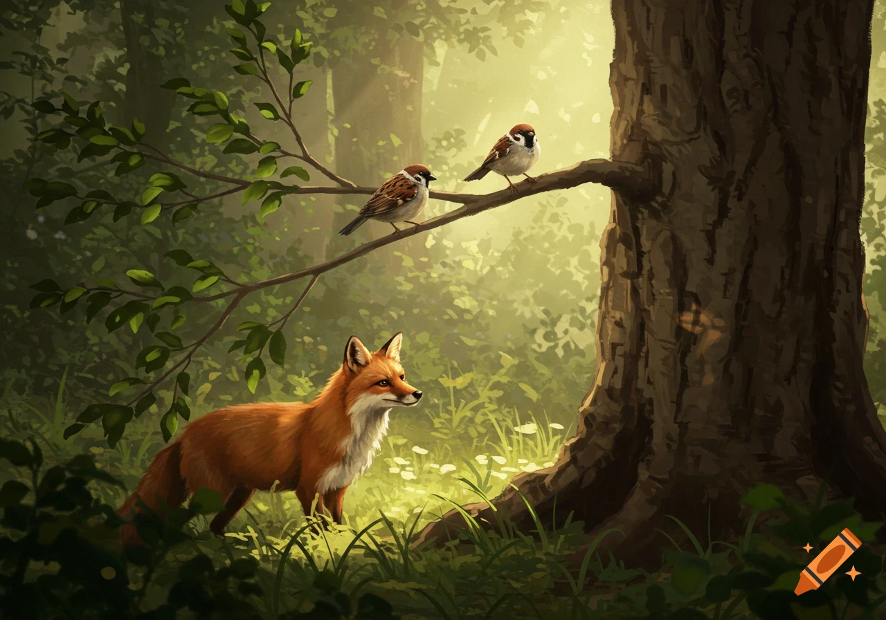 A stylized illustration of a red fox standing in a sunlit forest. Two sparrows perch on a branch above it.