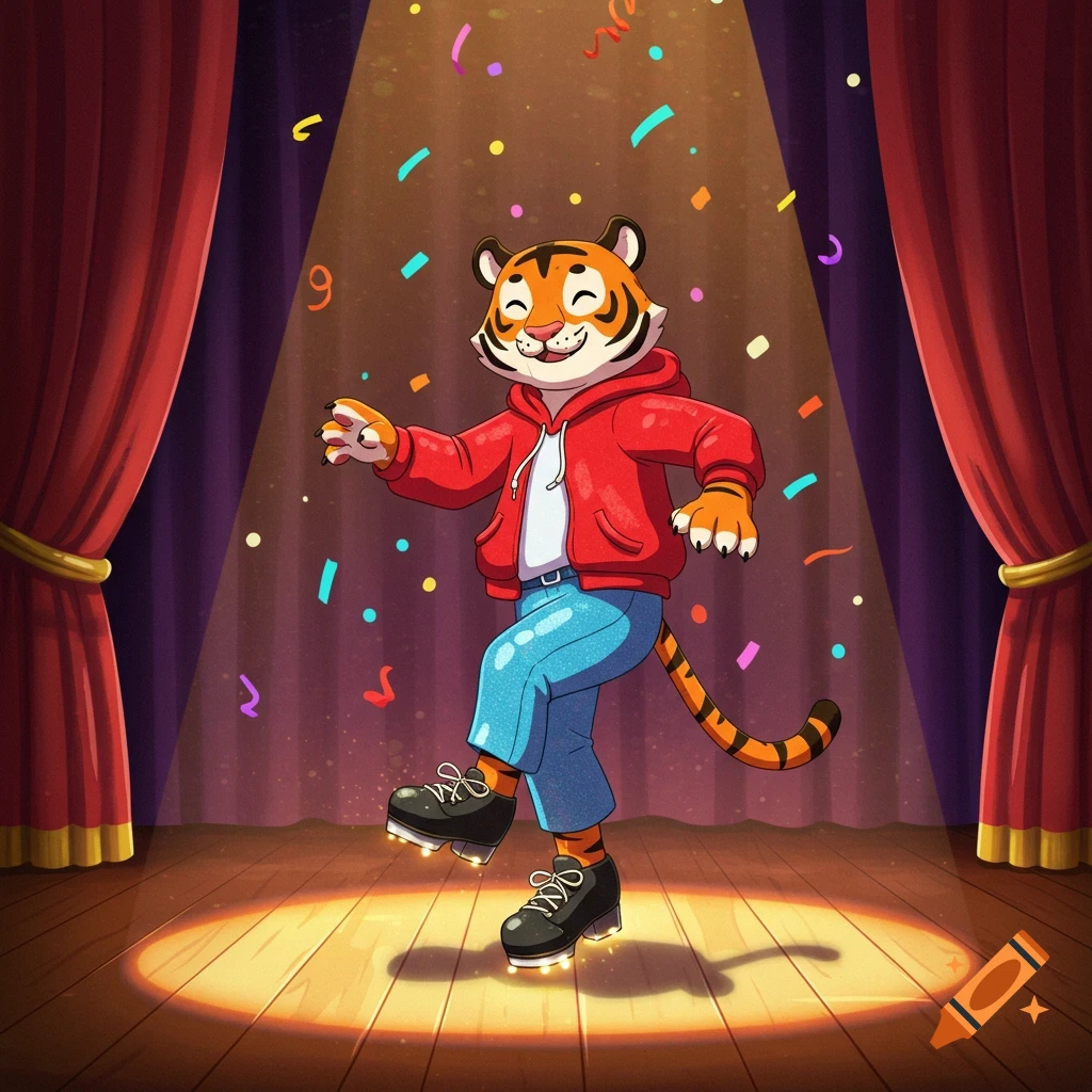 A friendly anthropomorphic cartoon tiger in a red hoodie and blue pants tap dancing on a spotlighted stage with confetti falling.