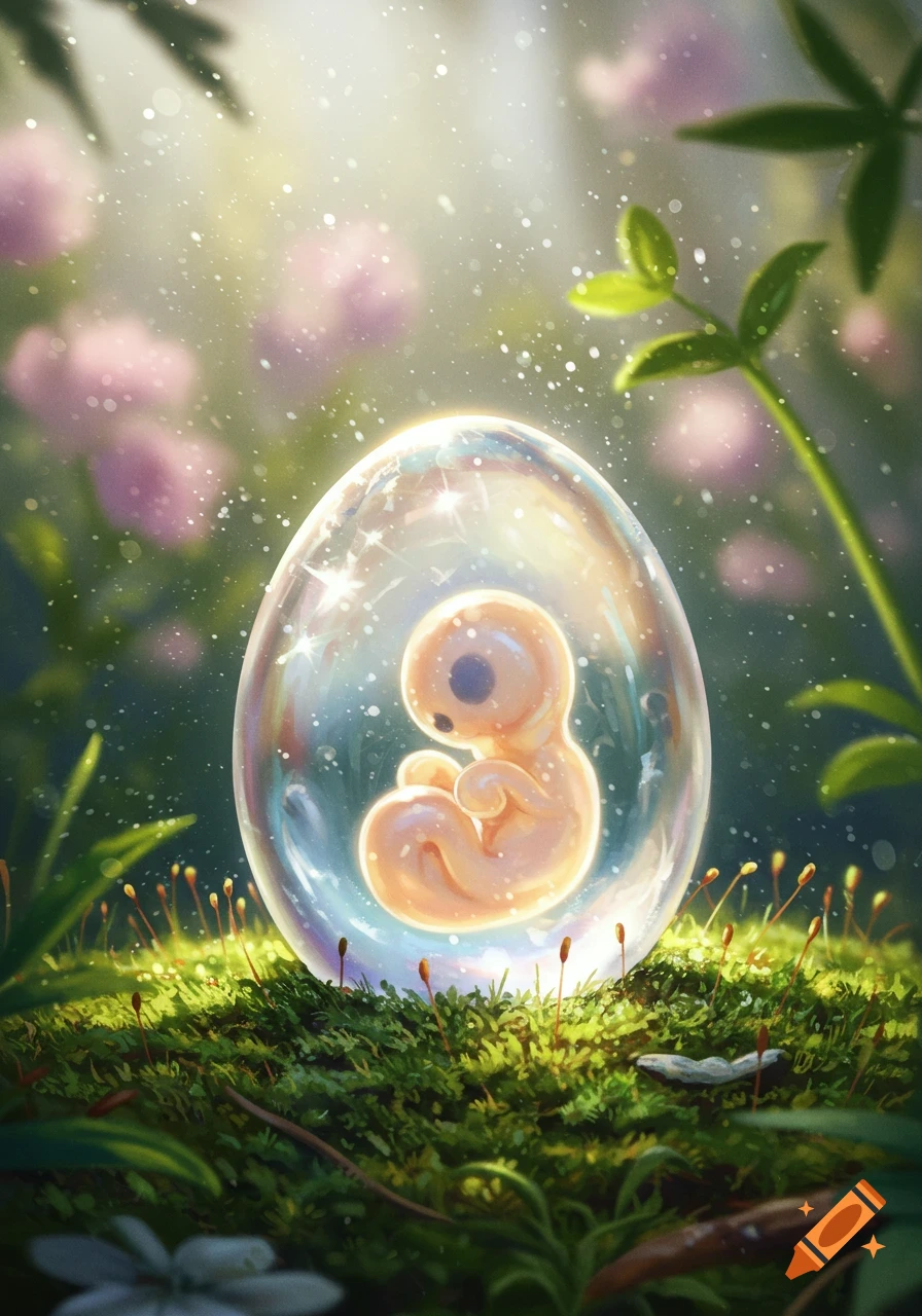 A glowing, stylized embryo in a shimmering clear egg, nestled in vibrant moss with magical light and blurred foliage.