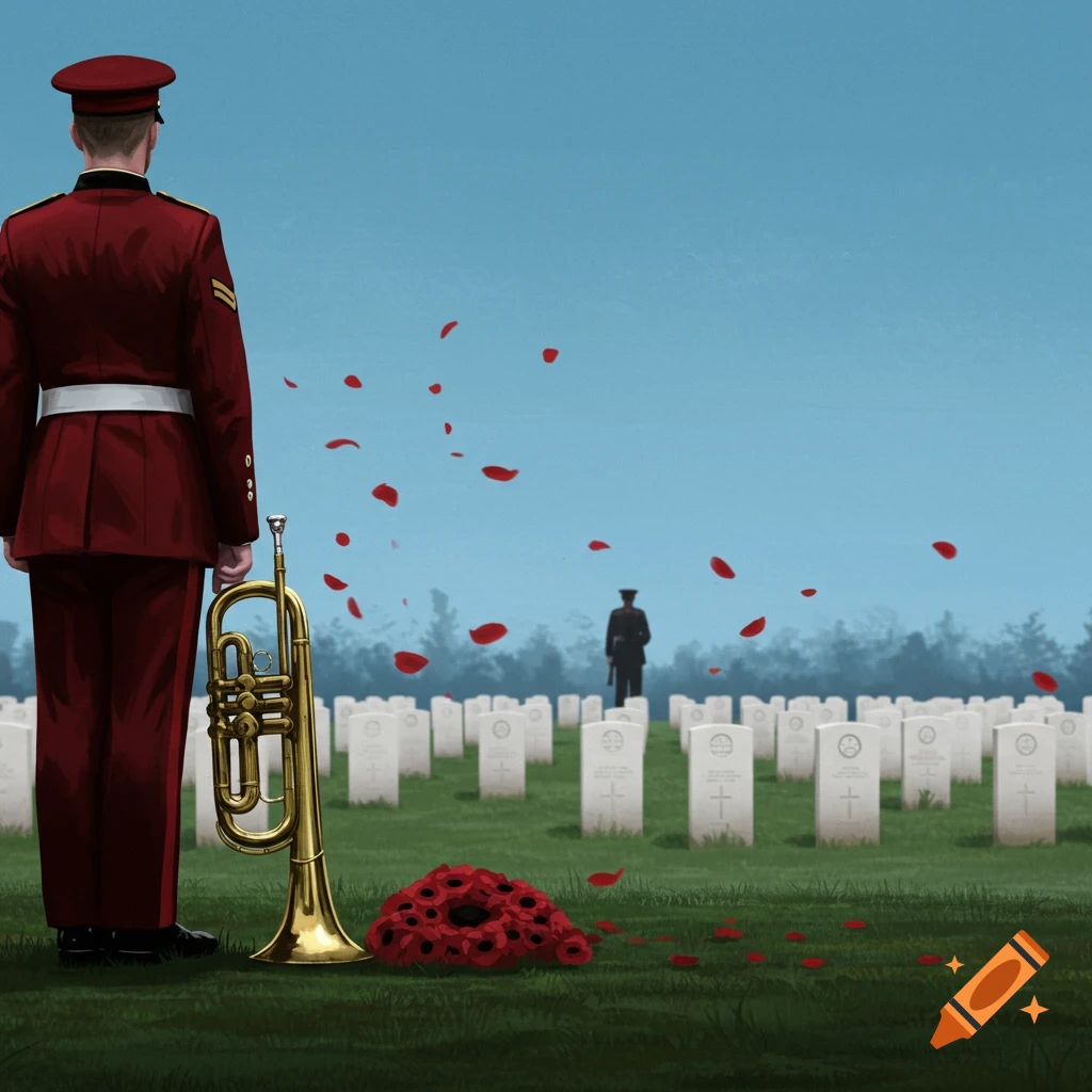A soldier in a red uniform with a bugle stands in a military cemetery with white gravestones and falling poppy petals.